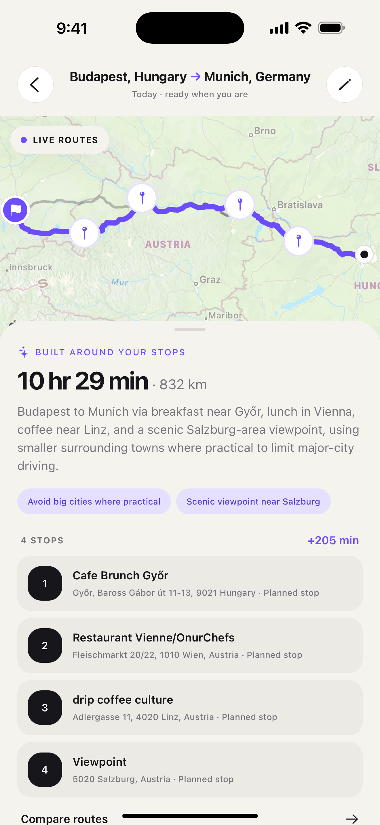 Ownway route preview from Vienna to Budapest with a coffee stop