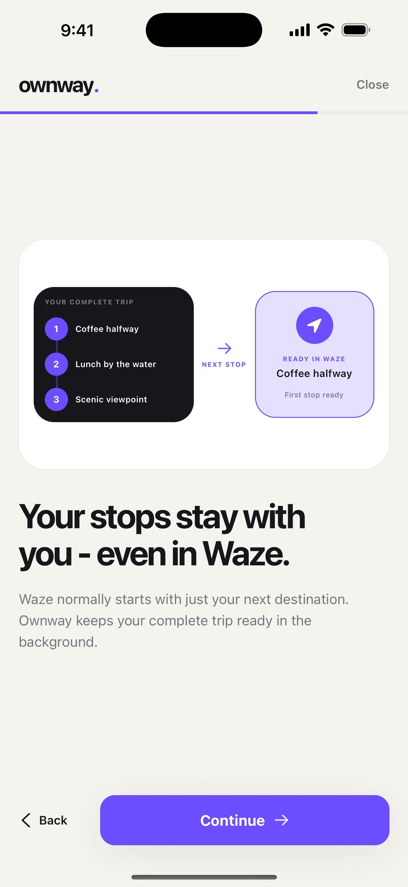 Ownway Waze Companion screen showing the next Waze leg in a multi-stop itinerary