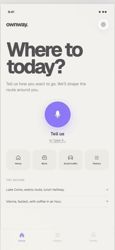 Ownway home screen ready for a spoken or typed road trip request
